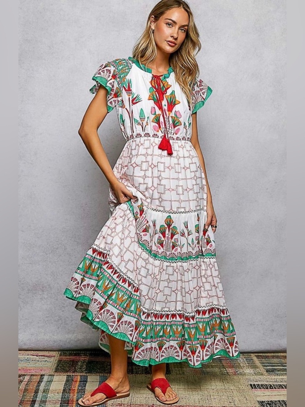 POL Hand Block Printed Cotton Tiered Midi Dress | Medium | Flutter Sleeve NWT - Picture 2 of 9